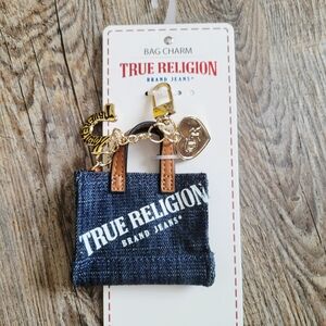 True Religion Denim Bag Charm with Gold and Tan Accents